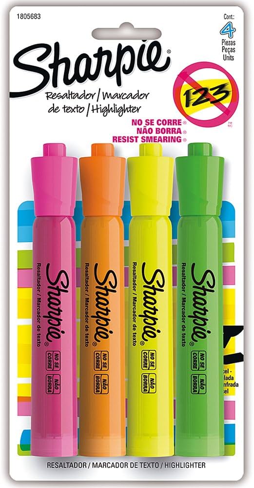 Resaltador Sharpie punta cincel 4 colore Con resaltadores en color: rosa. Naranja, amarillo y verde, punta cincel, cuerpo de plástico ergonomico, tinta especialmente formulada para evitar que la tinta de boligrafos y marcadores se corra al resaltar, secado rápido                                  s: rosa, naranja, amarillo y verde       - BEROL