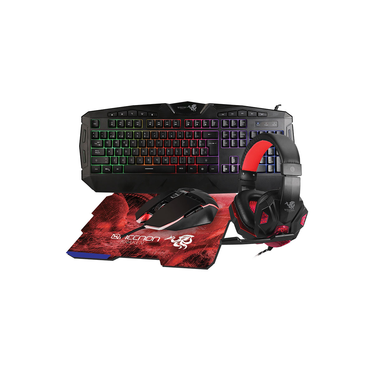 Kit Gaming 4 En 1 Necnon  Ngc Kraken Rj  Teclado Completo Diadema Mousepad Mouse 3200Dpi Rojo - NECNON