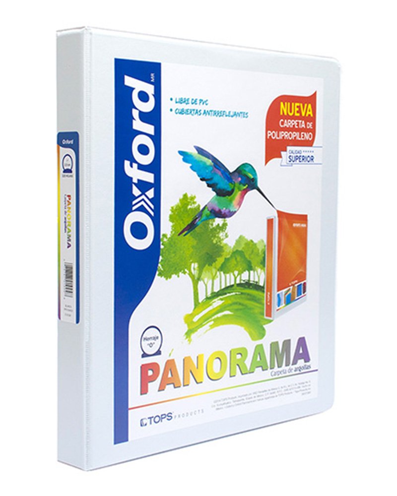 Carpeta panorámica Oxford carta blanca d Triple arillo en forma de O, 1 pulgada, hecha con polipropileno, libre de PVC, no toxica, transferencia segura: no levanta tinta o toners de documentos, 3 ventanas externas personalizables, bolsas internas en ambas solapas, capacidad 225 hojas             e 1 herraje O                            - OXFORD