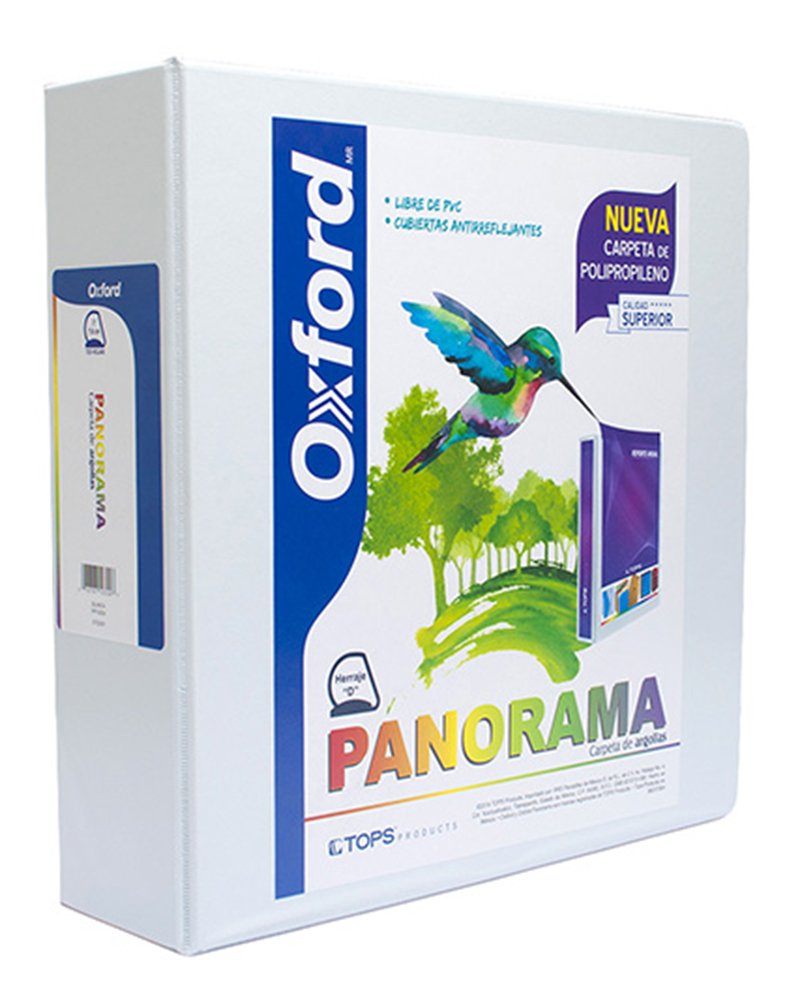 Carpeta panorámica Oxford carta blanca d Triple arillo en forma de D, 3 pulgadas, hecha con polipropileno, libre de PVC, no toxica, transferencia segura: no levanta tinta o toners de documentos, 3 ventanas externas personalizables, bolsas internas en ambas solapas, capacidad 725 hojas.           e 3" herraje "D"                         - OXFORD