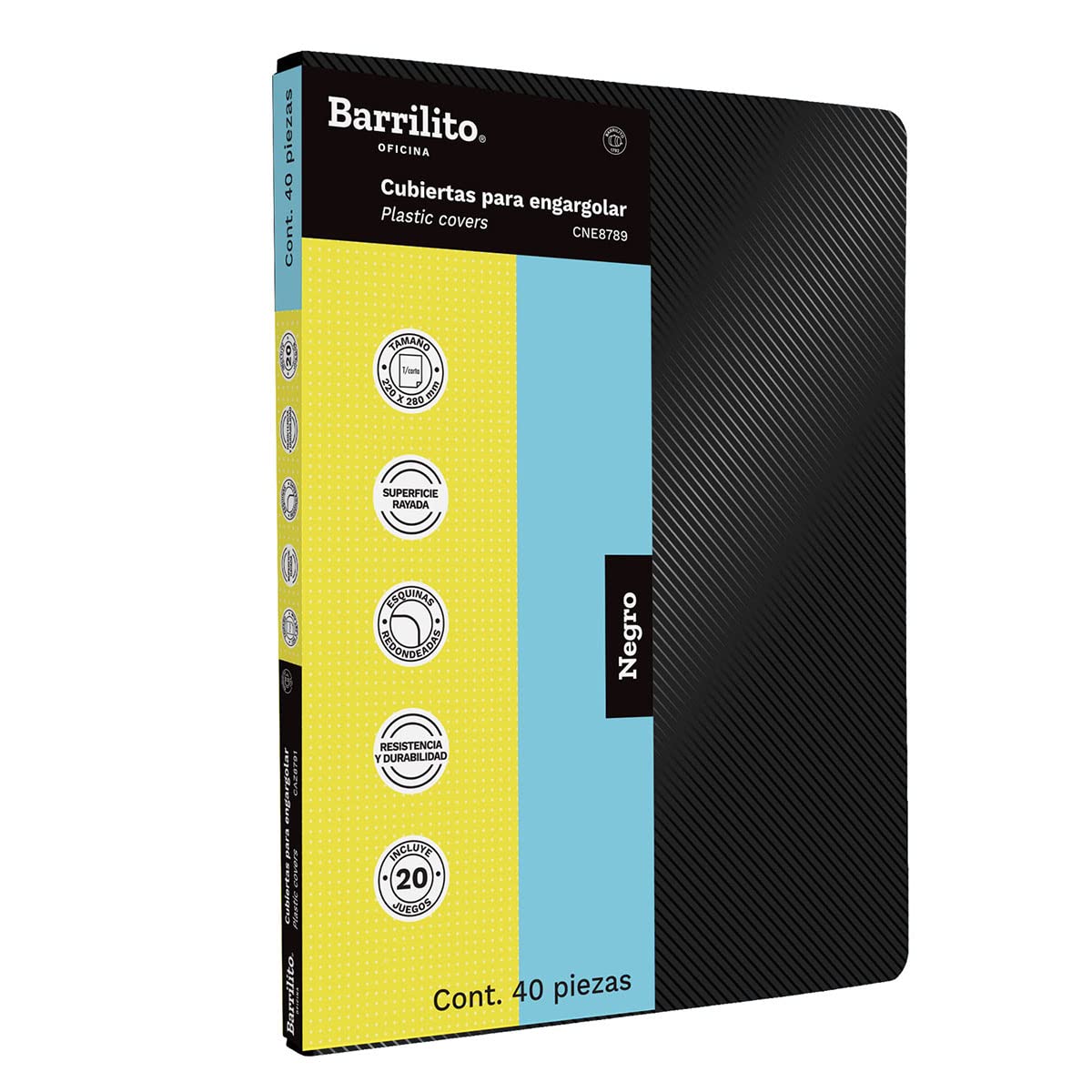 Cubierta plástica rayada negra Barrilito Textura rayada de 12 puntos de espesor, tamaño carta, puntas redondeadas, color sólido                                                                                                                                                                          con 40 piezas                            - BARRILLITO