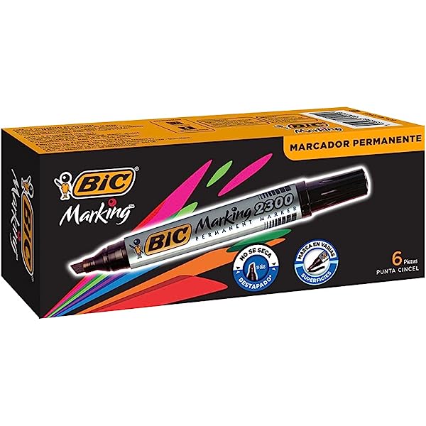 MARCADOR BIC MARKING 2300 NEGRO MARKING 2300. DURA HASTA 4 SEMANAS DESTAPADO. MARCA VIDRIO METAL, PAPEL, UNICEL, MADERA, PIEDRA, CARTON, PLASTICO, PAPELES SATINADOS, SUPERFICIES HUMEDAS Y ACEITOPSAS. PUNTA RESISTENTE DE CINCEL. ANCHO DE LINEA 5.5 Y 2.4 MM. LIBRE DE XILOL - BIC