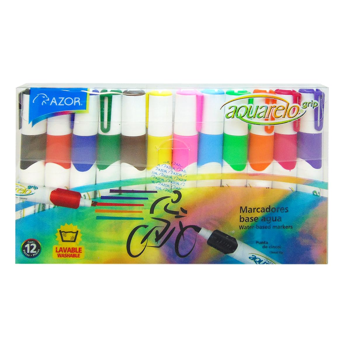 Marcador lavable Aquarelo Grip colores s Tinta base agua y lavable, punta cincel de 6 mm, barril de plástico con grip ahulado, tapa anti asfixia, ideal para trabajos escolares y artes graficas, manténgase tapado cuando no se use, no toxico, rendimiento 320 m.                                      urtidos empaque con 12 pzas              - AZOR