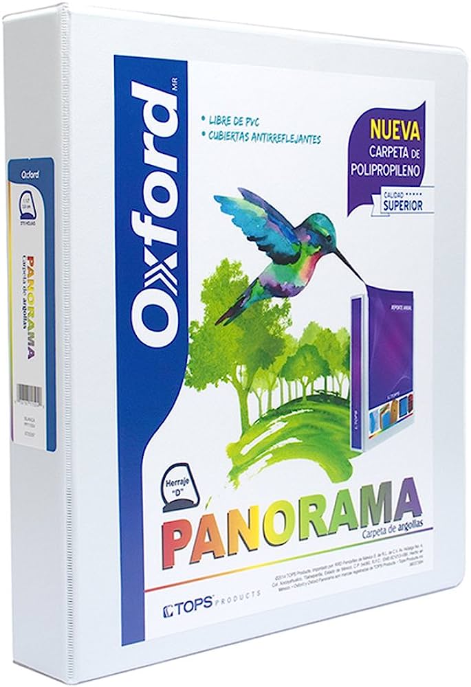 Carpeta panorámica Oxford carta blanca d Triple arillo en forma de D, 1.5 pulgadas, hecha con polipropileno, libre de PVC, no toxica, transferencia segura: no levanta tinta o toners de documentos, 3 ventanas externas personalizables, bolsas internas en ambas solapas, capacidad 375 hojas.         e 1.5" herraje "D"                       - OXFORD