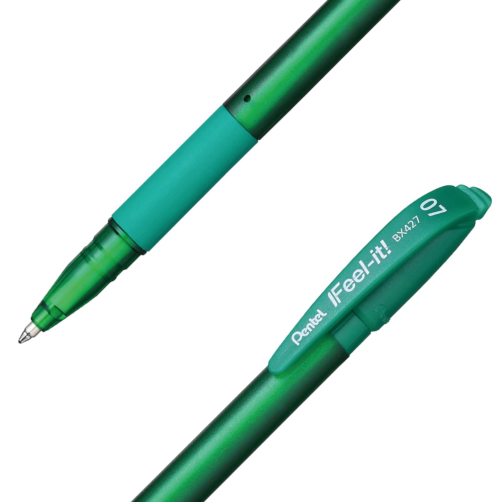 Bolígrafo Pentel feel it, punta 0.7 mm, Bolígrafo Pentel ifeel it, caja con 12 piezas, color verde, tinta de baja densidad que proporciona una suave escritura, con tapa y agarre de caucho, punta metálica de 0.7mm, el tono del cuerpo indica el color de la tinta - PENTEL