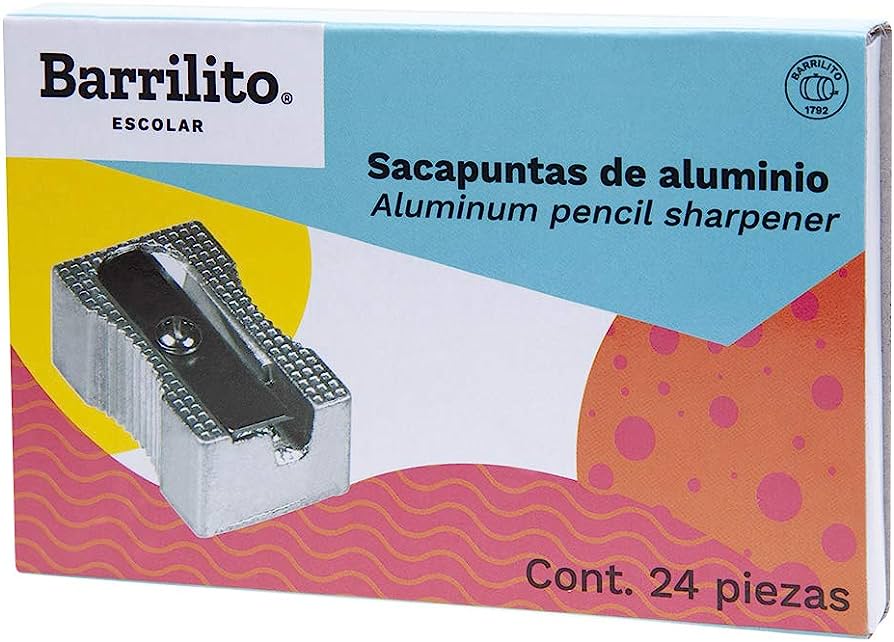 Sacapuntas metálico Barrilito 1 orificio Cuerpo metálico con acabado natural de aluminio, para afilado de lápices medianos estandar no. 2 y no. 2 1/2, navaja de acero inoxidable acabado metálico brillante, geometria ergonomica, caja con 24 piezas                                                    con 24 pzs                              - BARRILITO