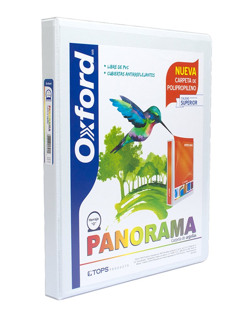 Carpeta panorámica Oxford carta blanca d Triple arillo en forma de O, 1/2 pulgada, hecha con polipropileno, libre de PVC, no toxica, transferencia segura: no levanta tinta o toners de documentos, 3 ventanas externas personalizables, bolsas internas en ambas solapas, capacidad 125 hojas.          e 0.5" herraje "O"                       - OXFORD