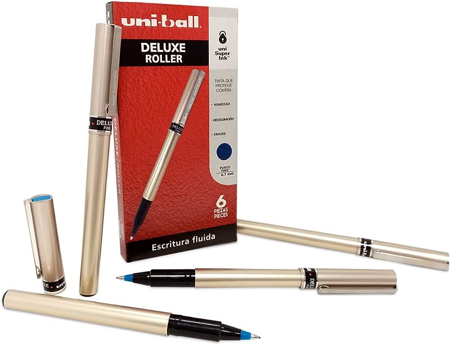 Bolígrafo antifraude fino Uni-Ball Delux Tinta azul, punto fino 0.7 mm, tinta antifraude que no puede ser borrada, tecnología japonesa, clip metálico, tinta resistente a la humedad, no se corre.                                                                                                       e 0.7 mm color azul blíster              - AZOR