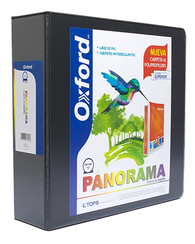 Carpeta panorámica Oxford carta negra de Triple arillo en forma de O, 3 pulgadas, hecha con polipropileno, libre de PVC, no toxica, transferencia segura: no levanta tinta o toners de documentos, 3 ventanas externas personalizables, bolsas internas en ambas solapas, capacidad 625 hojas.            3" herraje "O"                          - PP03006CB