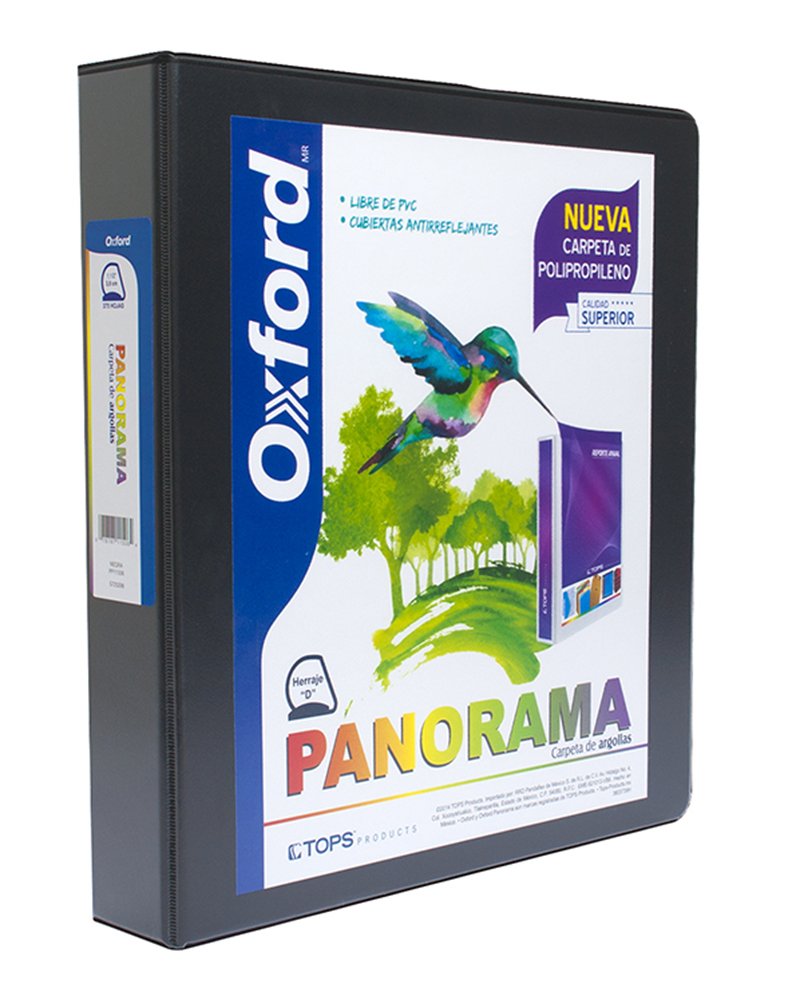 Carpeta panorámica Oxford carta negra de Triple arillo en forma de D, 1.5 pulgadas, hecha con polipropileno, libre de PVC, no toxica, transferencia segura: no levanta tinta o toners de documentos, 3 ventanas externas personalizables, bolsas internas en ambas solapas, capacidad 375 hojas.         1.5" herraje "D"                         - PP11506