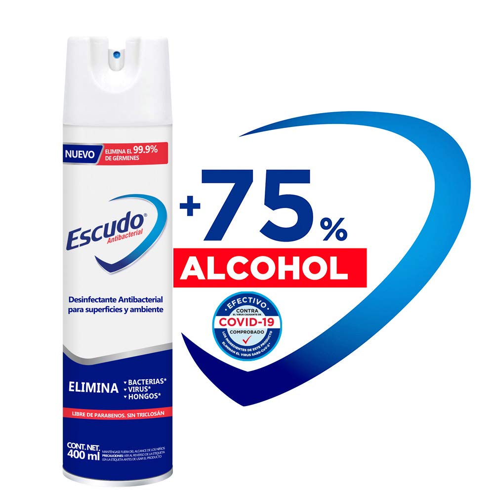 Aerosol desinfectante Escudo 400 ml      Antibacterial para superficies y ambiente, fórmula con más de 75% de alcohol, eliminan el 99.9% de gérmenes, eliminan bacterias, virus y hongos, deal para limpiar superficies y ambiente, libre de parabenos y triclosan                                       .                                        - 92293B