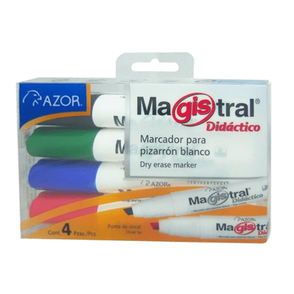 Marcador Magistral Didáctico punta cince Colores surtidos: negro, rojo, azul y verde, tinta base alcohol de alta intensidad y bajo aroma, punta cincel 6 mm, barril plástico, excelente calidad de borrado en superficies no porosas como: porcelana, melamina, vidrio, no toxico, rendimiento de 350 m. l 6 mm colores surtidos empaque 4 pzas   - AZOR