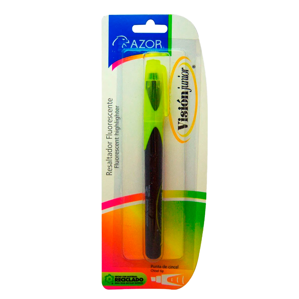 Resaltador de texto Vision Jr. punta cin Tinta base agua de alta fluorescencia, lavable, punta cincel de 4 mm, tapa anti asfixia, barril de plástico con grip ahulado, ideal para usarse en todo tipo de papel o superficie absorbente, no toxico, rendimiento de 350 m.                                 cel 4 mm color amarillo blíster          - AZOR