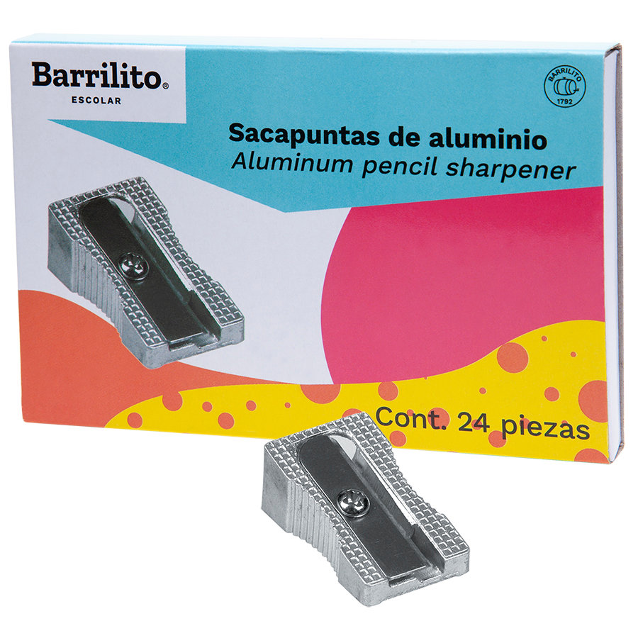 Sacapuntas metálico diagonal Barrilito 1 Cuerpo metálico con acabado natural de aluminio, para afilado de lápices medianos estándar no. 2 y no. 2 1/2, navaja de acero inoxidable acabado metálico brillante, geometría ergonómica, caja con 24 piezas                                                   orificio 24 pzs  metálico                - SPT07