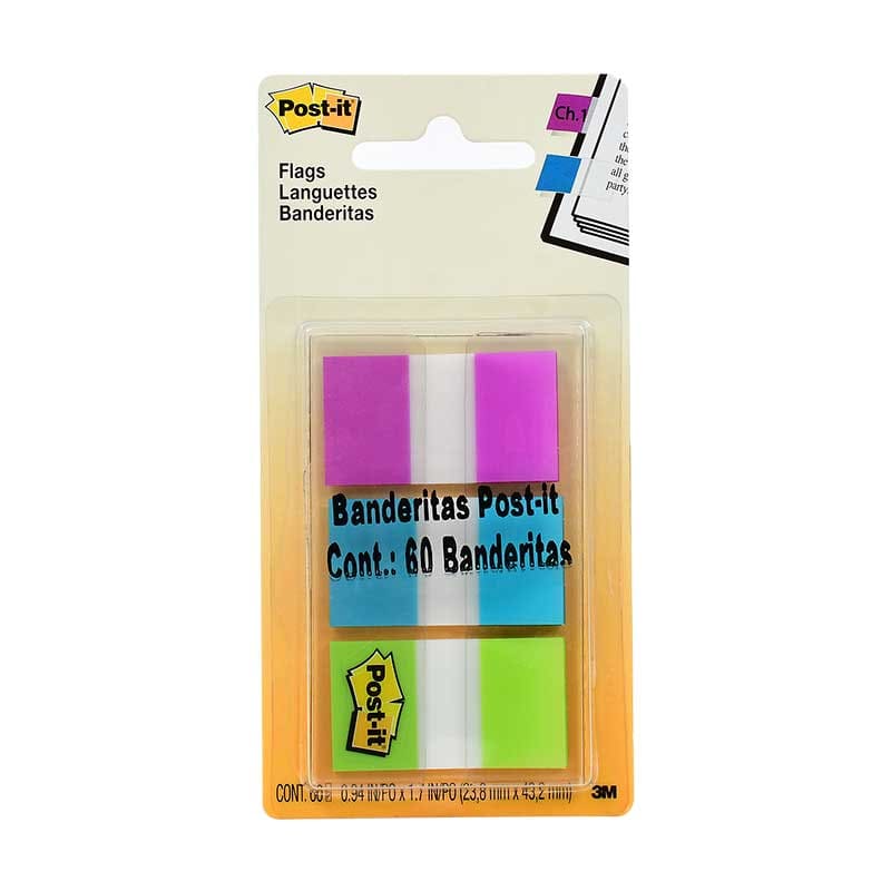 Banderitas Post-it Mod. 680-PBG 3M 1x1.5 Llama la atencion e identifica tus prioridades, no dañan la superficie al retirarlas, escribe sobre ellas, 3 colores: morado, azul y verde, 20 de cada color (60 banderitas en total) medidas: 2.54 cm x 3.81 cm                                                pulgadas 3 colores                       - POST-IT