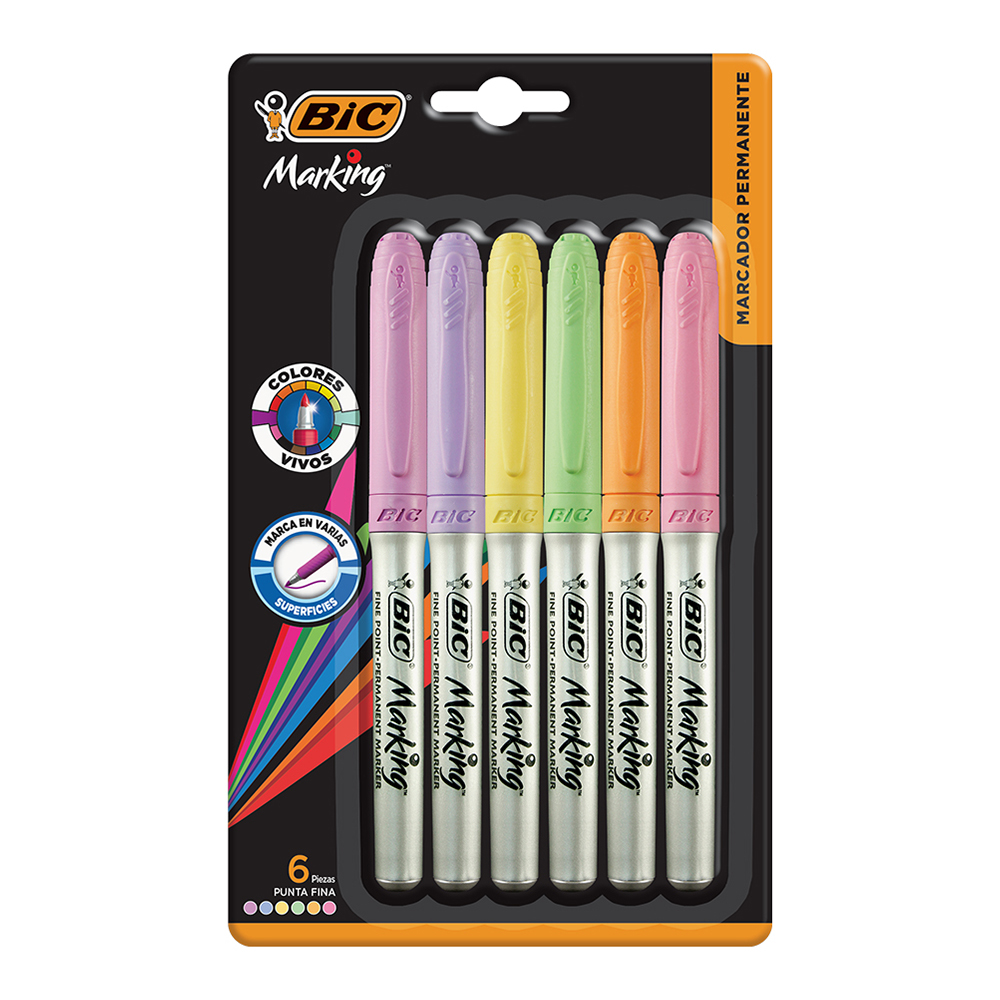 MARCADOR BIC PERMANENTE INTENSITY GRIP P MARCADOR PERMANENTE DE 6 COLORES: LILA, MORADO, AMARILLO, VERDE, ANARANJADO Y ROSA. MARCA: VIDRIO, META, PAPEL, UNICEL, MADERA, PIEDRA, CARTÓN Y PLÁSTICO. GRIP ERGONÍMICO PUNTA RESISTENTE 1.1MM, DURA HASTA 4 SEMANAS DESTAPADO. LIBRE DE XILOL               ASTEL BLÍSTER 6 PIEZAS                   - 70330331952