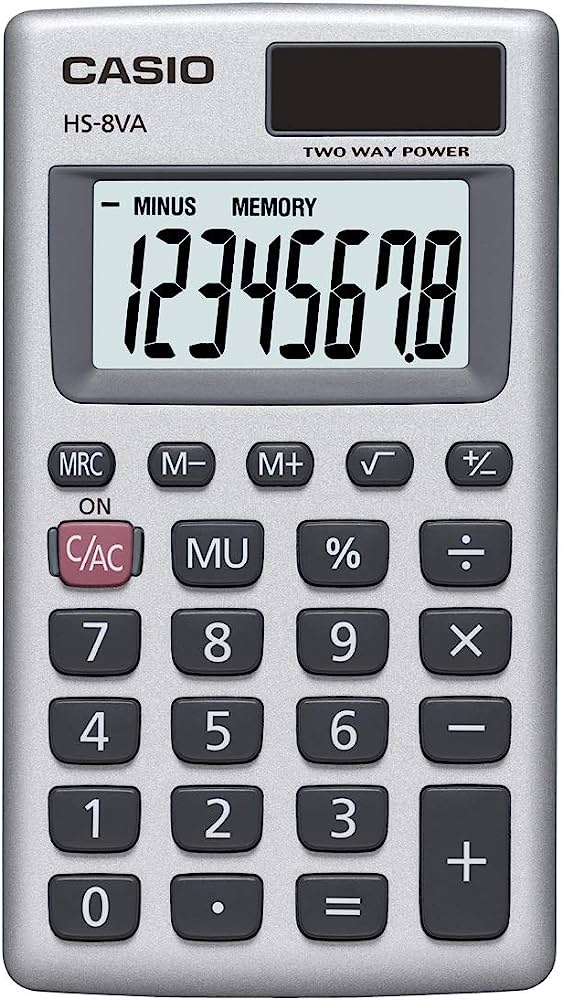 Calculadora básica 8 dígitos CASIO calcu Marcador de coma cada 3 dígitos, operaciones básicas, almacena cálculo de impuesto, porcentaje regular, raíz cuadrada, teclas plásticas, alimentación pila + solar, estuche tipo cartera, dimensiones 6.9 x 57 x 102 mm                                         ladora básica portátil                   - CASIO