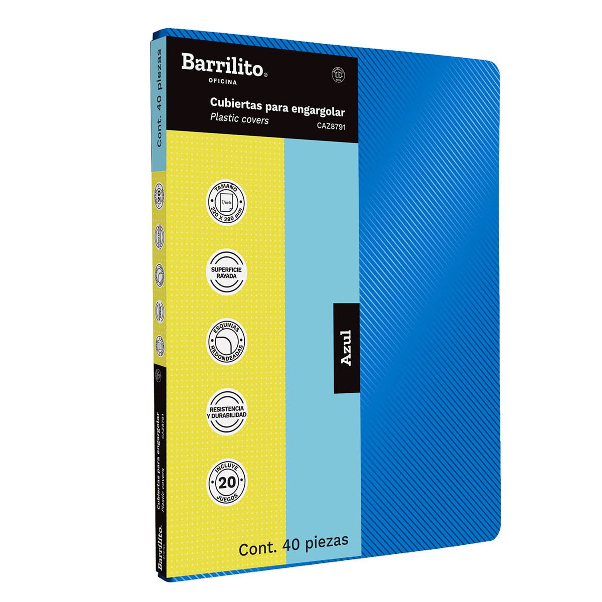 Cubierta plástica rayada azul Barrilito  Textura rayada de 12 puntos de espesor, tamaño carta, puntas redondeadas, color sólido                                                                                                                                                                          con 40 piezas                            - BARRILITO