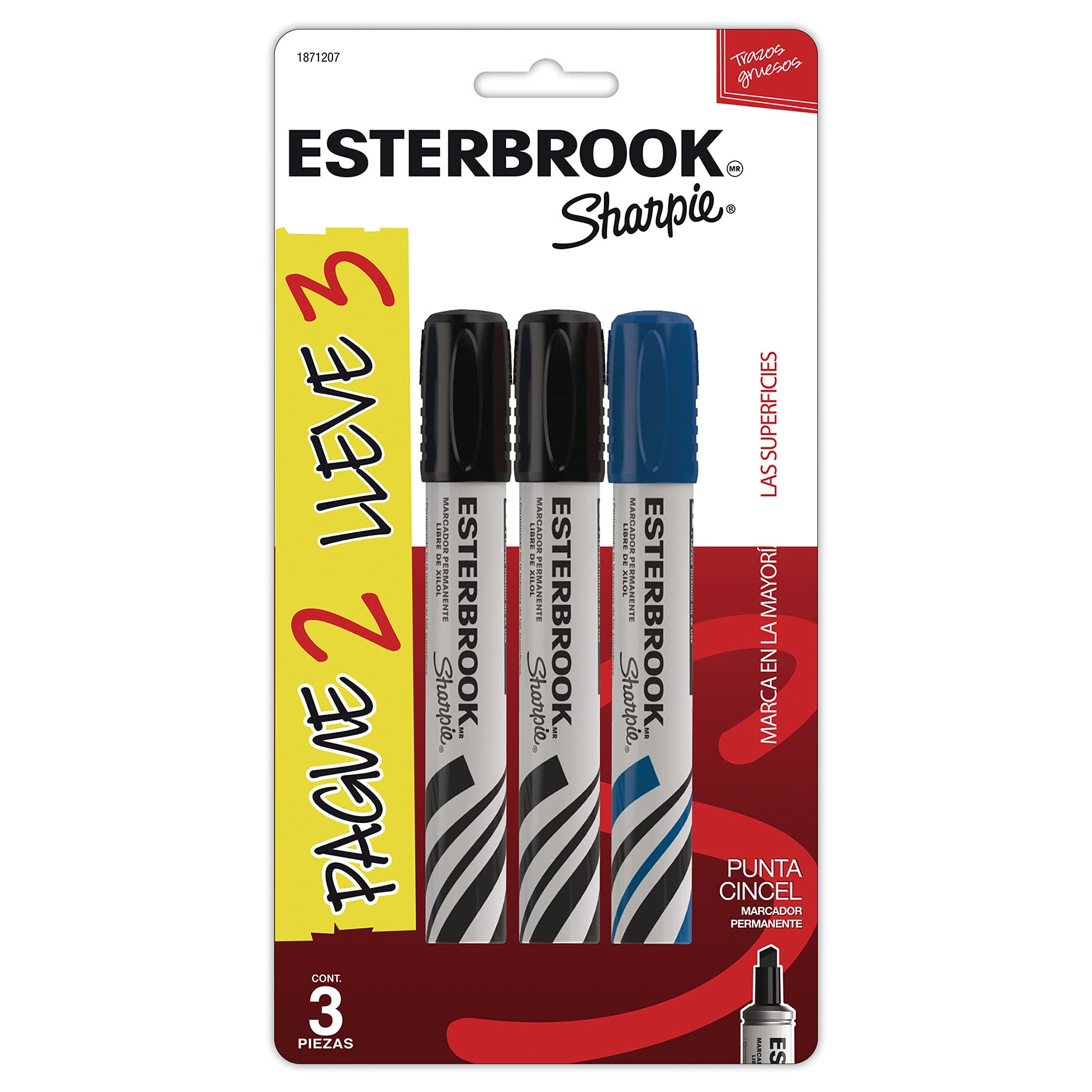 Marcador permanente Esterbrook blister c Marcador tinta permanente resistente al agua esterbrook 2 negros y un azul gratis, tinta color del barril, con cuerpo de aluminio punta cincel para hacer diferentes trazos en madera, vidrio, cartón, etc.                                                     on 2 marcadores negros + 1 marcador azul - SHARPIE