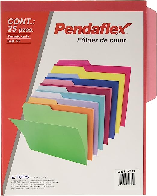 Folder de color Pendaflex carta color ro Papel manila color stock de 9.5 pts., doble tonalidad: interior y exterior para evitar la perdida de documentos, pre-suajado superior y lateral para broche de 8 cm, dobleces adicionales para expansión de hasta 2 cm, caja con 25 piezas.                     jo ceja 1/2 caja con 25 pzas             - C0025 1/2 RJ