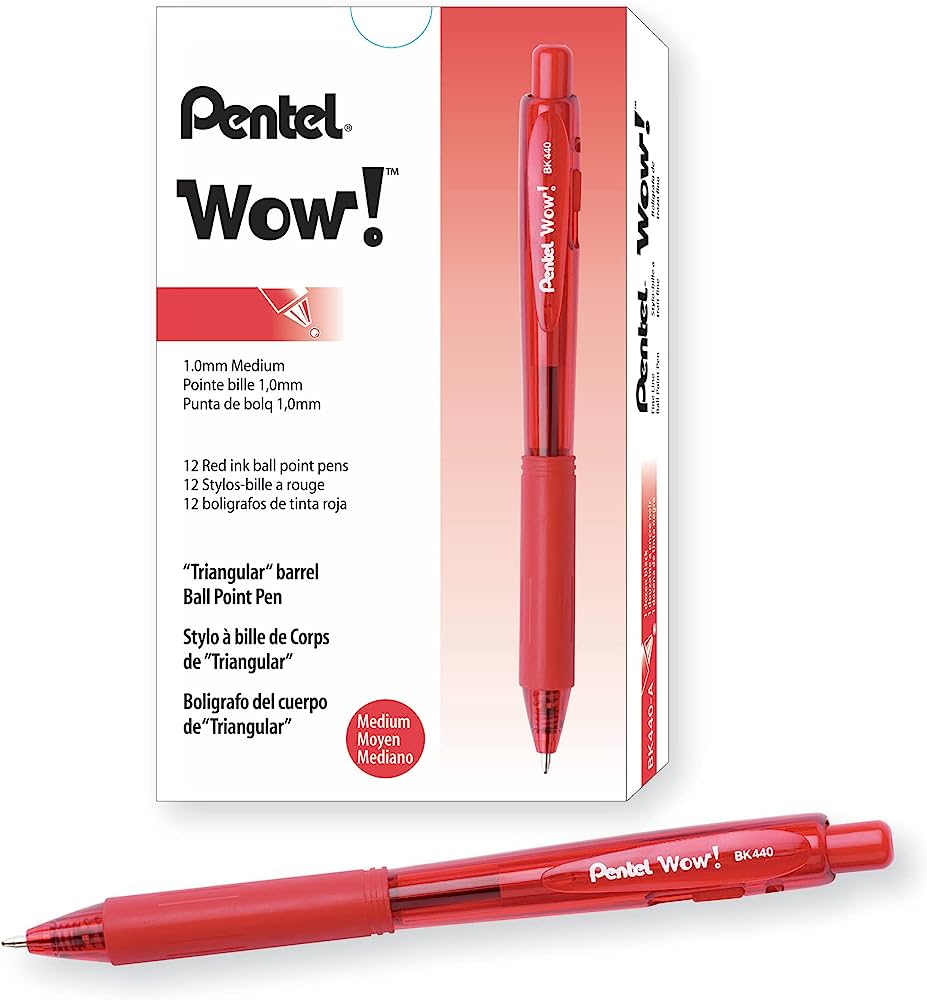 LM-Bolígrafo Pentel retráctil wow, punta Bolígrafo triangular Pentel wow, caja con 12 piezas, color rojo, retráctil, tinta de baja densidad que proporciona una suave escritura, con grip de goma sin látex, punta metálica de 1.0mm, el color del cuerpo indica el color de la tinta                    0 mm, color rojo, con 12 piezas          - PENTEL