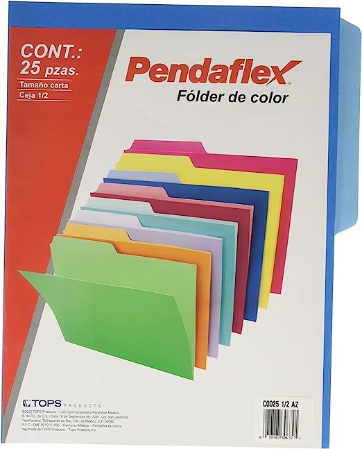 Folder de color Pendaflex carta color az Papel manila color stock de 9.5 pts., doble tonalidad: interior y exterior para evitar la perdida de documentos, pre-suajado superior y lateral para broche de 8 cm, dobleces adicionales para expansión de hasta 2 cm, caja con 25 piezas.                     ul ceja 1/2 caja con 25 pzas             - C0025 1/2 AZ