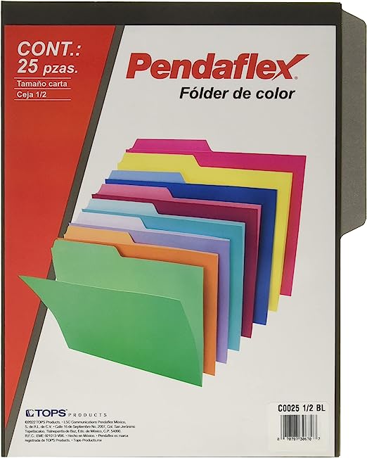 Folder de color Pendaflex carta color ne Papel manila color stock de 9.5 pts., doble tonalidad: interior y exterior para evitar la perdida de documentos, pre-suajado superior y lateral para broche de 8 cm, dobleces adicionales para expansión de hasta 2 cm, caja con 25 piezas.                     gro ceja 1/2 caja con 25 pzas            - C0025 1/2 BL