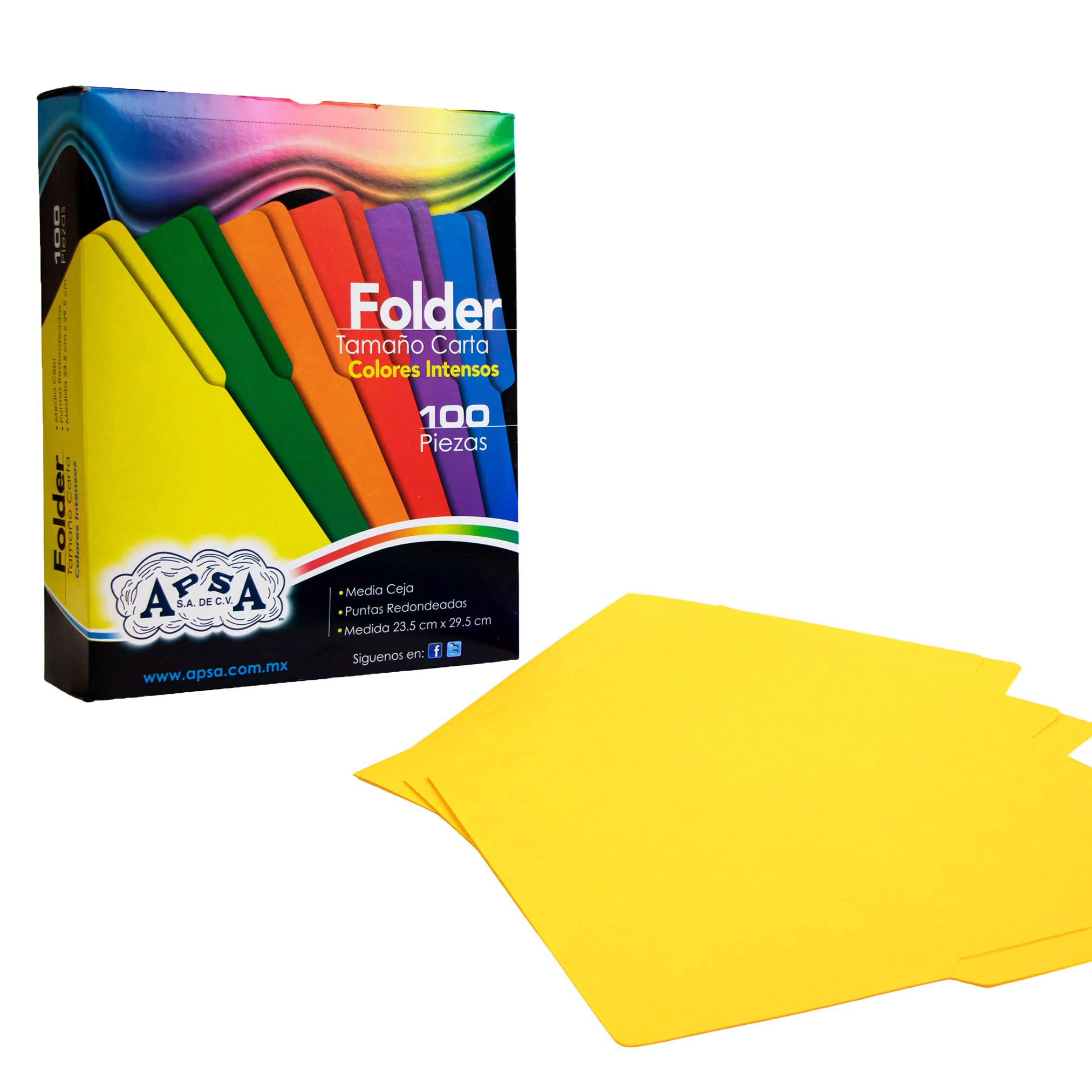 Folder amarillo APSA tamaño carta  , paq Medidas 23.5 cm ancho x 29.5 cm largo, alta capacidad de almacenamiento, suaje lateral y superior para broche, guías laterales para dar dimensión y puntas redondeadas                                                                                          uete con 100 piezas                      - L88-P