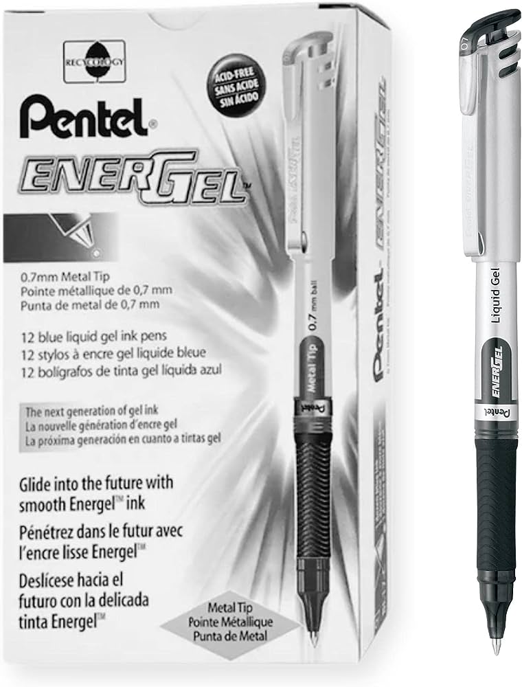 Bolígrafo Pentel energel, punta 0.7 mm ( Bolígrafo Pentel energel tinta negra de secado rápido, con agarre de caucho, punta metálica 0.7 mm (mediana), detalles en tapa color de la tinta, hecho de 53% material reciclado, escritura suave y ligera                                                     mediano), tinta negra, 1 pieza           - BL17-A