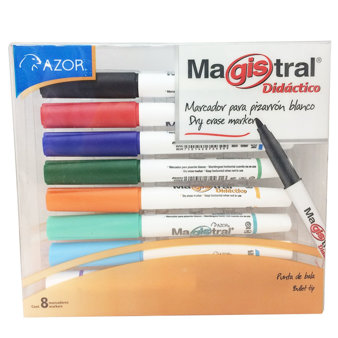 Marcador Magistral Didáctico punta bala  Tinta base alcohol de alta intensidad y bajo aroma, punta bala 2 mm, barril plástico con diseño ergonómico triangular, tapa anti asfixia, excelente calidad de borrado en superficies no porosas, no toxico, rendimiento de 280 m.                              2 mm colores surtidos empaque con 8 pzas - 301.84078