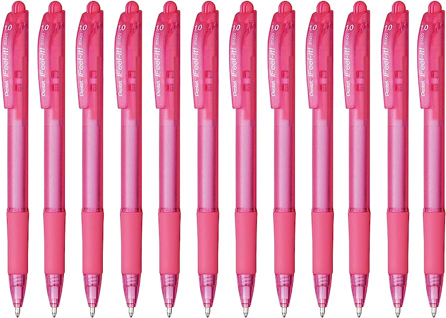 Bolígrafo Pentel ifeel-it, punta 1.0     Bolígrafo Pentel ifeel it, caja con 12 piezas, color rosa, retráctil, tinta de baja densidad que proporciona una suave escritura, con grip de goma y sin latex, punta metálica de 1.0 mm, el tono del cuerpo indica el color de la tinta                        color rosa, con 12 piezas                - PENTEL