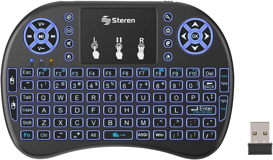 MIni teclado con touch pad para smart tv Solo conecta su nano receptor usb a tu pantalla o smart tv box para utilizarlo hacer mas  cómoda la navegación.  también puedes utilizarlo en pc o mac como teclado. compatible con dongle tv, android tv y google tv. alcance de operación: 12 metros          STEREN 1                                 - RM-325