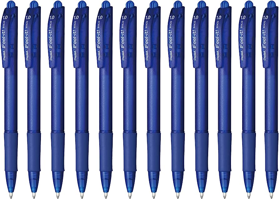 Bolígrafo Pentel ifeel-it, punta 1.0 mm, Bolígrafo Pentel retráctil ifeel-it color azul c/12, tinta de baja viscosidad, punta metálica de 1.0 mm, con grip sin latex c/12, proporciona una escritura suave y sin esfuerzo, de cuerpo fino - PENTEL