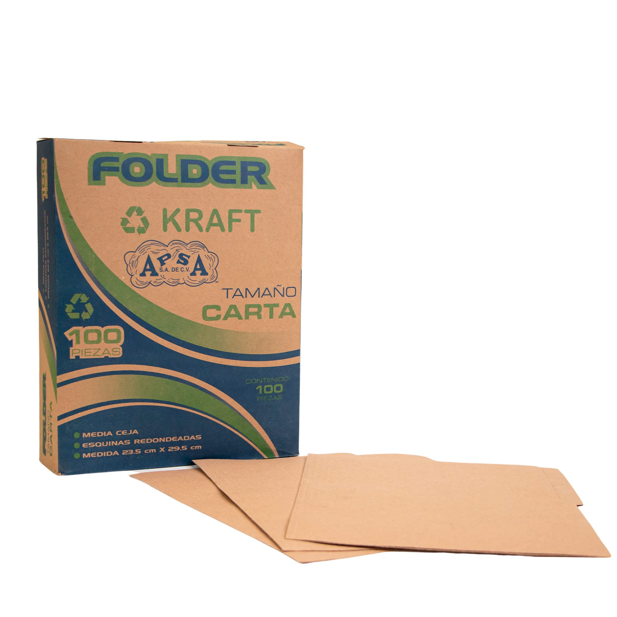 Folder kraft APSA tamaño carta  , paquet Medidas 23.5 cm ancho x 29.5 cm largo, alta capacidad de almacenamiento, suaje lateral y superior para broche, guías laterales para dar dimensión y puntas redondeadas                                                                                          e con 100 piezas                         - APSA