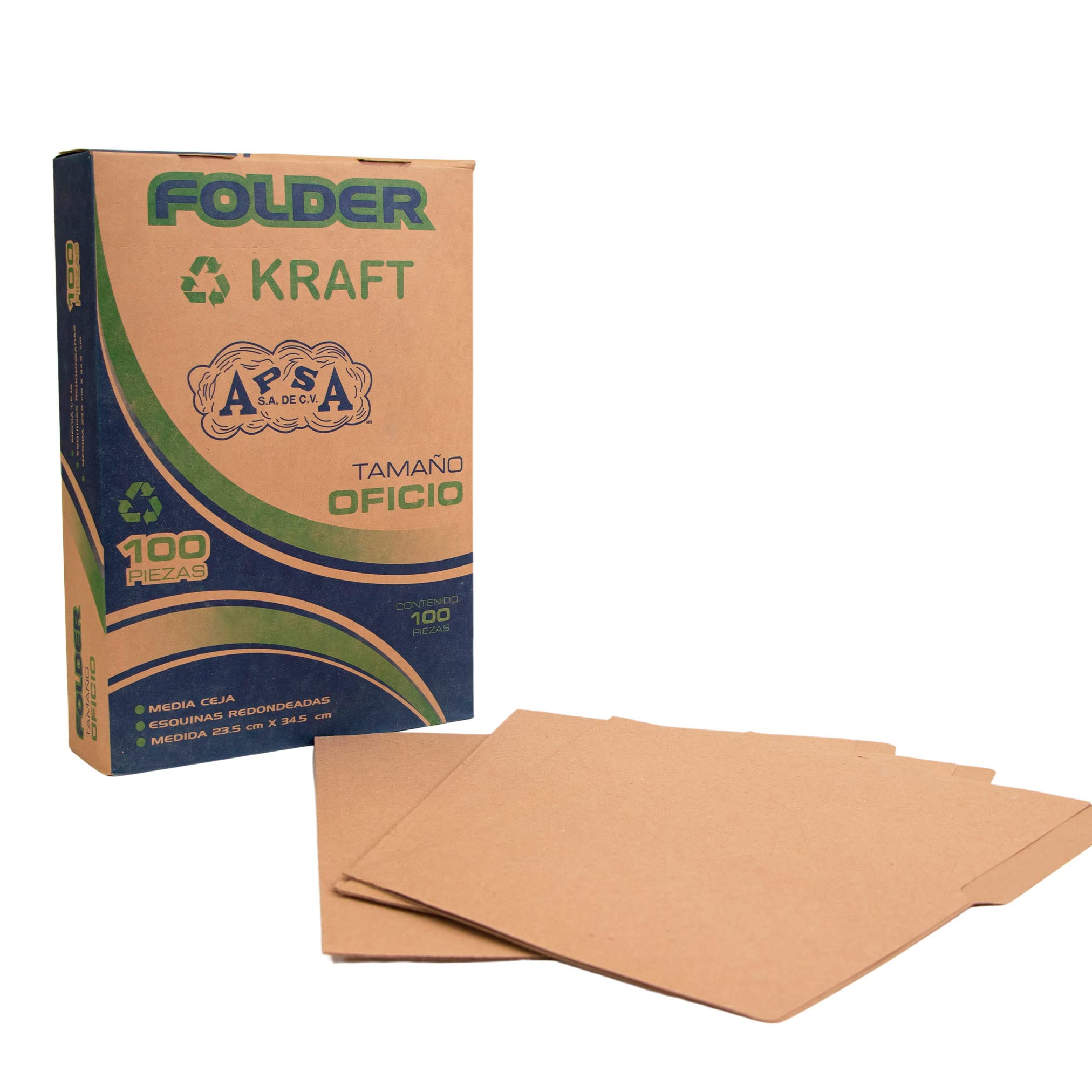 Folder  kraft APSA tamaño oficio  , paqu Medidas 23.5 cm ancho x 34.5 cm largo, alta capacidad de almacenamiento, suaje lateral y superior para broche, guías laterales para dar dimensión y puntas redondeadas                                                                                          ete con 100 piezas                       - L26-P