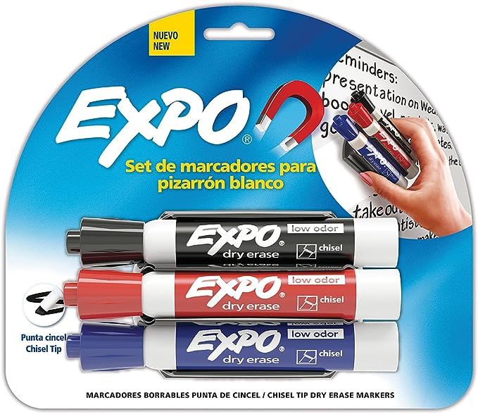 Marcador para pizarron Expo blíster con Kit marcador para pizarron blanco marca expo (3 marcadores y un borrador imantado) , especial para en acrilicos, vidrios, etc; marcador numero 1 en usa, tinta con bajo aroma, se borra facilmente,  tapa del color de la tinta, punta cincel - BEROL