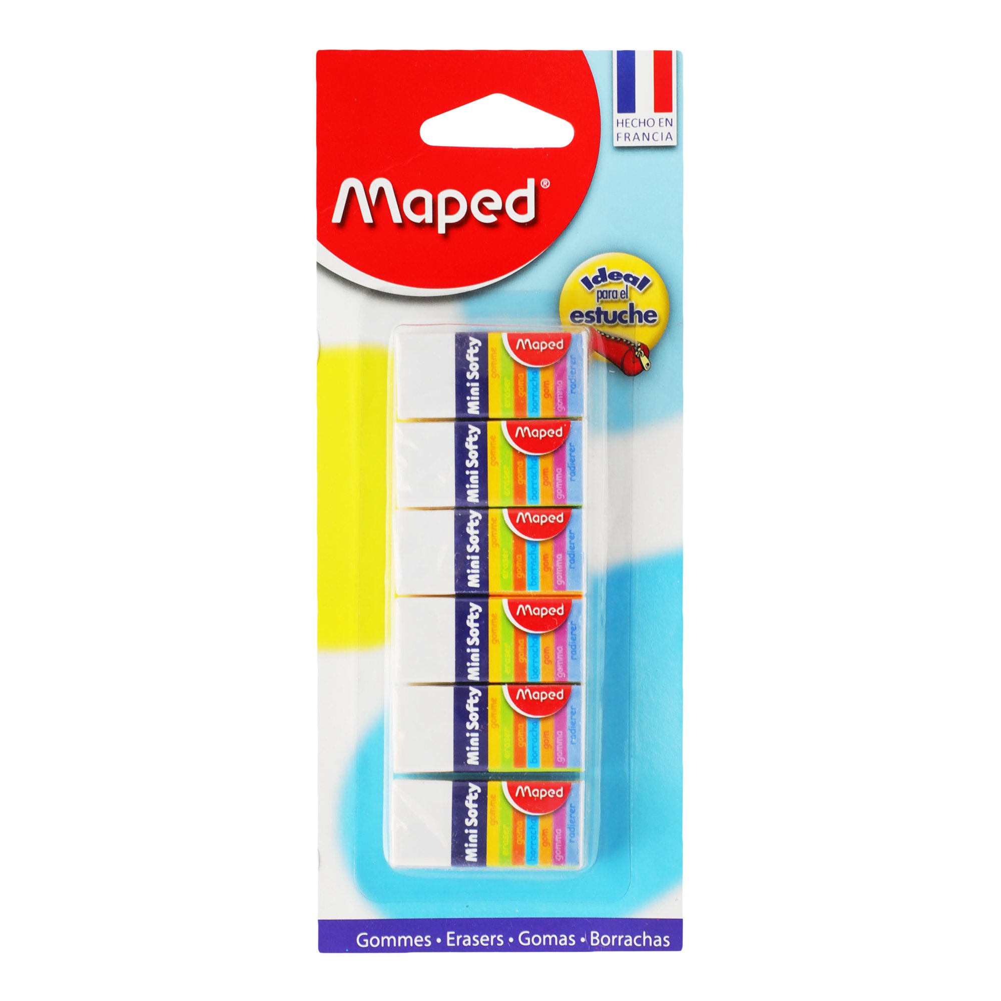 Goma mini softy Maped blíster con 6 piez Confort de borrado, mini formato, especial para estuche, con funda de cartón , ancho 18 mm, profundidad 12.5 mm y altura 39 mm, blíster con 6 piezas                                                                                                            as tipo migajón                          - MAPED