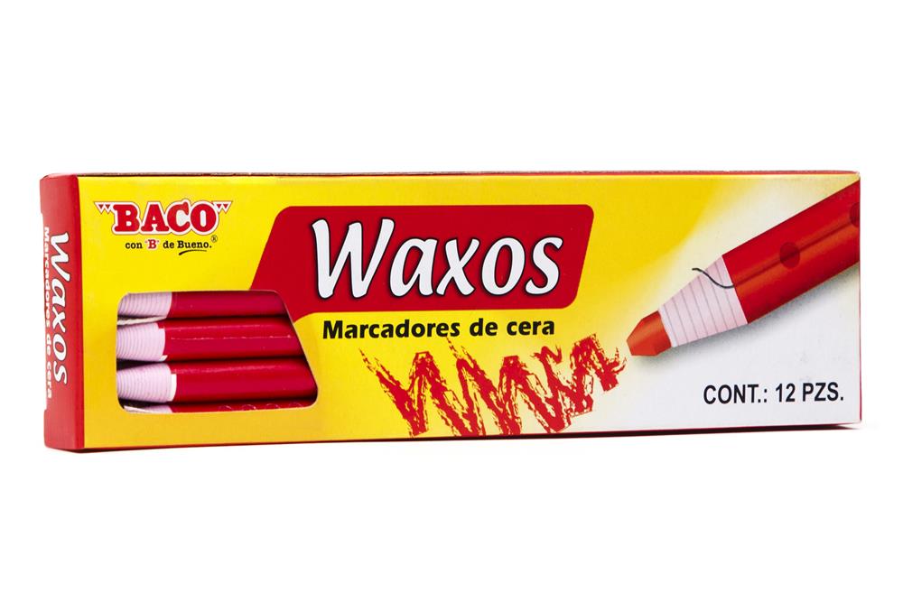 Marcador Baco de cera waxos, suave, rojo Marcador con cuerpo de papel precortado, ideal para usarse sobre plástico, papel, cartón, metal, madera y vidrio. practico sistema de bobina de papel para ir descubriendo la punta del marcador                                                                , 12 piezas                              - BACO