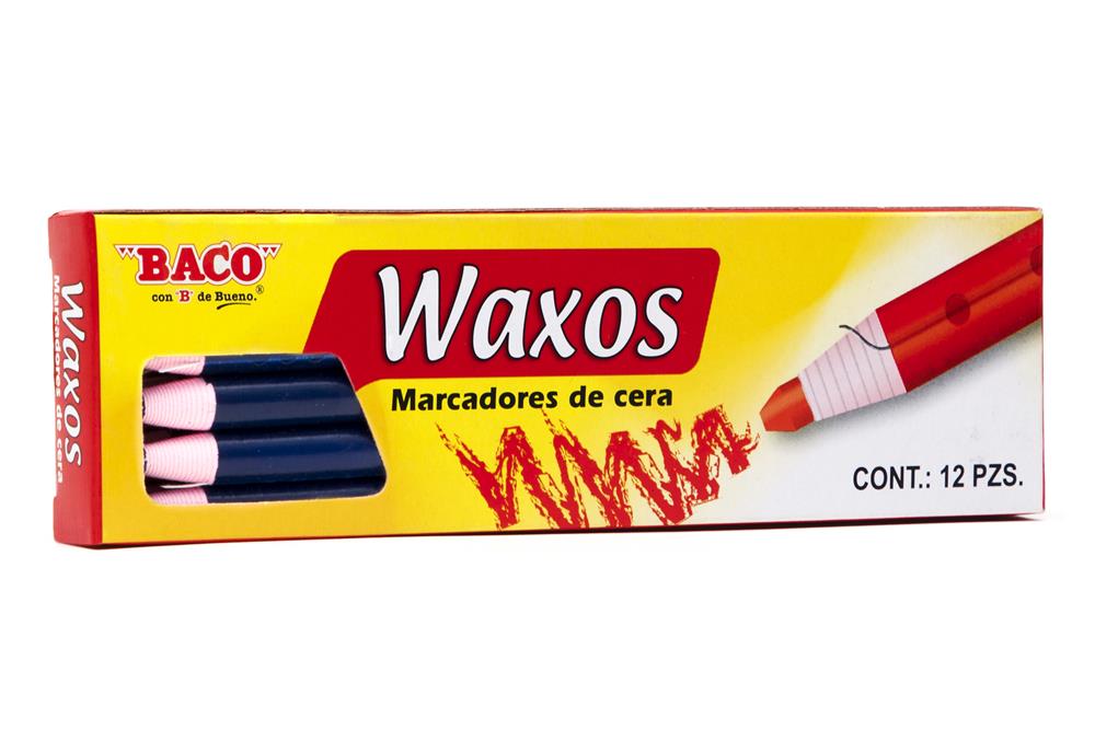 Marcador Baco de cera waxos, suave, azul Marcador con cuerpo de papel precortado, ideal para usarse sobre plástico, papel, cartón, metal, madera y vidrio. practico sistema de bobina de papel para ir descubriendo la punta del marcador                                                                ,  12 piezas                             - BACO