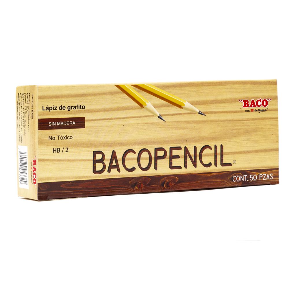 Lápiz Bacopencil hb no.2, coletivo 50 pi Extruidos con polímeros y materias primas de primera calidad, cuerpo resistente y grafito reforzado, con casquillo de aluminio y goma con borrado eficiente                                                                                                     ezas                                     - BACO