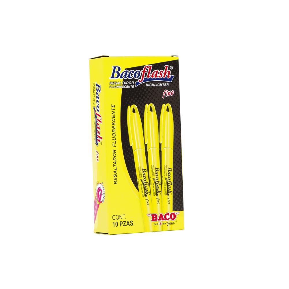 Marcatextos Bacoflash junior amarillo, p Marcador tinta fluorescente, base agua, no toxico, barril de plástico, tapa con ojal para colgado, punta cincel fino, tinta brillante, secado rápido                                                                                                            unto fino, 1 pieza                       - BACO