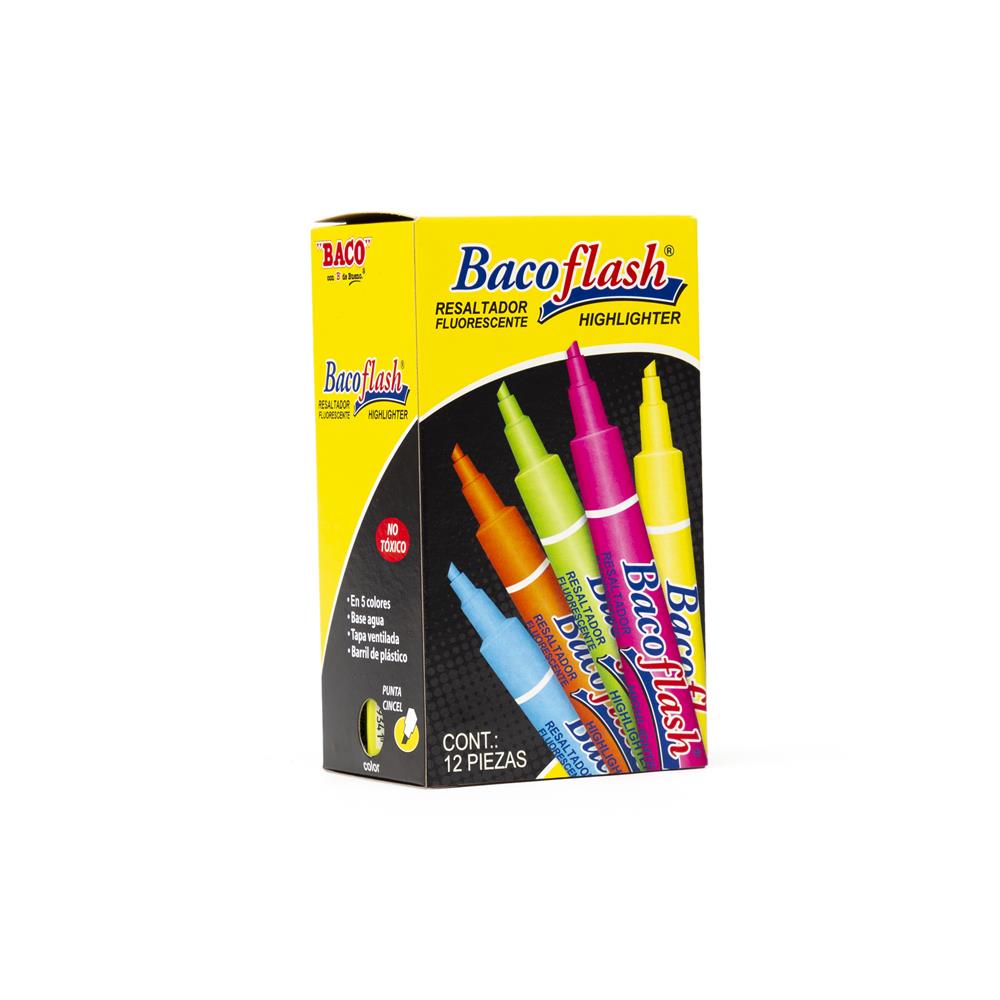 Marcatextos Bacoflash, fino surtido, pun Marcador tinta fluorescente, base agua, no tóxico, barril de plástico, tapa con ojal para colgado, punta cincel fino, tinta brillante, secado rápido - MR116