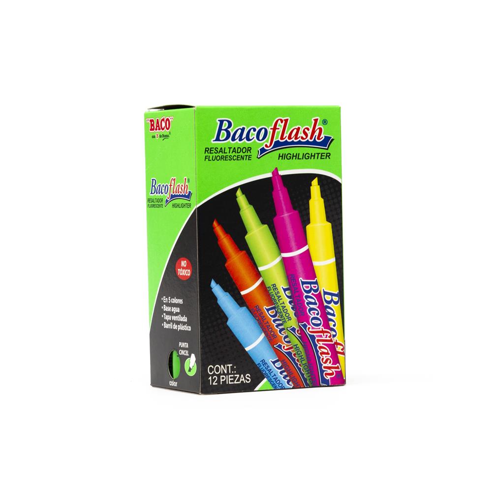 Marcatextos Bacoflash fino verde, tinta  Marcador tinta fluorescente, base agua, no tóxico, barril de plástico, tapa con ojal para colgado, punta cincel fino, tinta brillante, secado rápido                                                                                                            fluorescente, punto fino, 10 piezas      - BACO