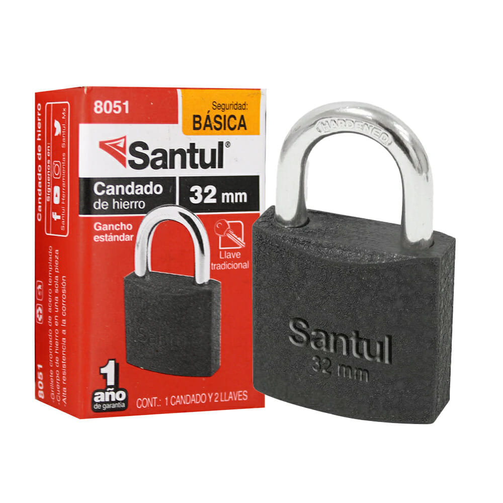 Candado de hierro santul de 32mm.  más 2 Candado de hierro de gancho estándar. grillete cromado fabricado en acero templado. alta resistencia a la corrosión. seguridad 3. incluye 2 llaves tradicionales                                                                                                llaves                                   - SANTUL