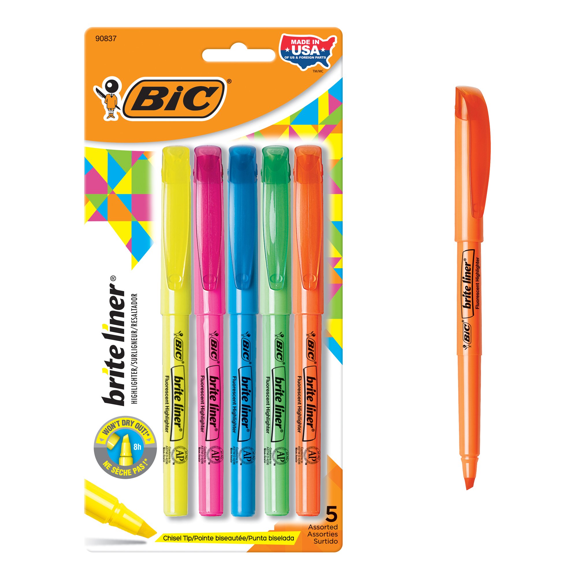 BRITE LINER BIC BLÍSTER 4 PIEZAS COLORES MÁXIMA FLOURESCENCIA, NO SE CORRE, PUNTA RESISTENTE, PUNTA CINCEL DOBLE TRAZO: ANCHO DE LÍNEA 3.3 Y 1.6MM. NO TRASPASA LA HOJA, DURA HASTA 8 HORAS DESTAPADO. BLÍSTER COLORES SURTIDOS: AMARILLO, ANARANJADO, ROSA Y VERDE.                                     SURTIDOS                                 - BIC