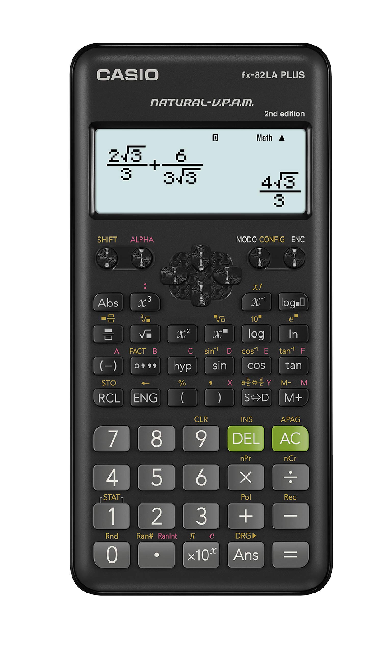 Calculadora científica 252 funciones CAS 9 variables, pantalla de 16 caracteres y 10 + 2 dígitos, pantalla de cristal líquido, cálculos internos con hasta 15 dígitos, comandos en español, teclas plásticas, alimentación batería AAA, dimensiones: 13.8 x 80 x 162 mm                                  IO 4 líneas en pantalla, color negro     - FX-82LAPLUS2-BK