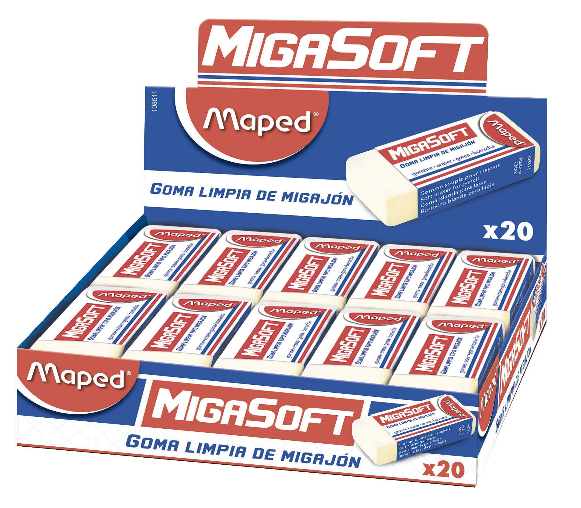 Goma migasoft  Maped caja con 20 piezas  Fórmula mejorada de alto desempeño, suave textura migajón, no maltrata la hoja, máxima limpieza de uso, con fajilla protectora, ancho 55.5 mm, profundidad 13.6 mm y altura 23.5 mm, caja con 20 piezas                                                         tipo migajón                             - 108511