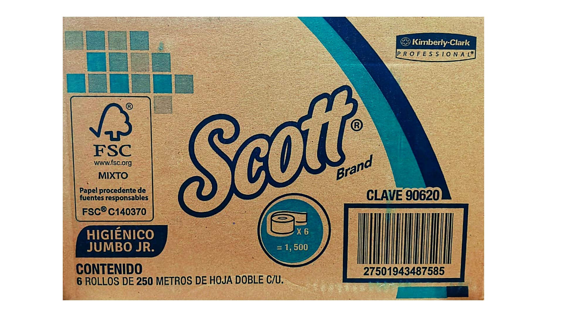 Papel Higiénico blanco Scott, caja c/6 b Higiénico Scott. caja con 6 rollos de 250 m cada uno. hjs dobles. ancho de hjs 9 cm. fabricante Kimberly clark. Despachadores 94298                                                                                                                             obinas 250m jumbo jr mod 90620           - 90620A