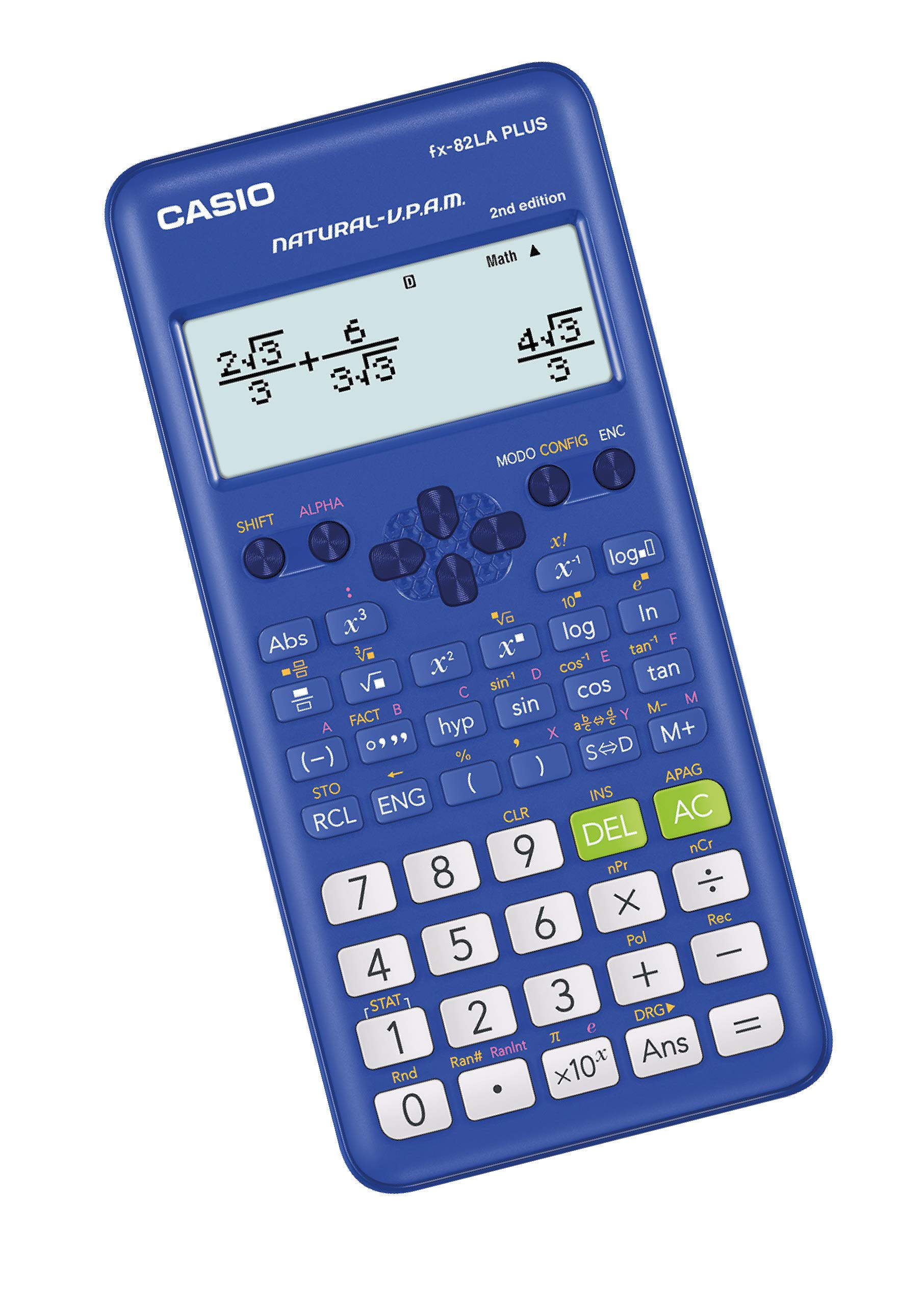 Calculadora científica 252 funciones CAS 9 variables, pantalla de 16 caracteres y 10 + 2 dígitos, pantalla de cristal líquido, cálculos internos con hasta 15 dígitos, comandos en español, teclas plásticas, alimentación batería AAA, dimensiones: 13.8 x 80 x 162 mm                                  IO 4 líneas en pantalla, color azul      - CASIO