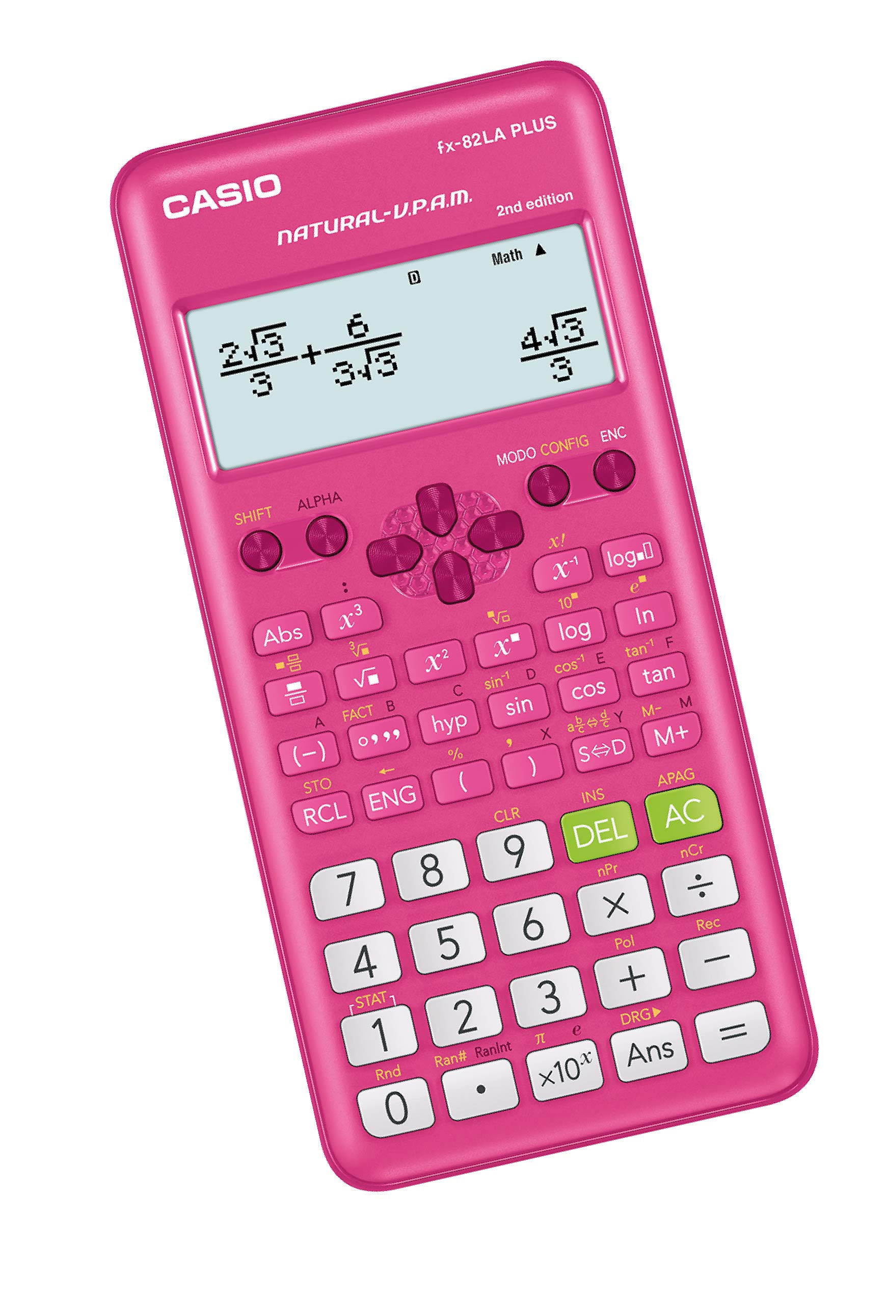 Calculadora científica 252 funciones CAS 9 variables, pantalla de 16 caracteres y 10 + 2 dígitos, pantalla de cristal líquido, cálculos internos con hasta 15 dígitos, comandos en español, teclas plásticas, alimentación batería AAA, dimensiones: 13.8 x 80 x 162 mm                                  IO 4 líneas en pantalla, color rosa      - CASIO